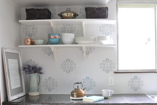 french country stencil open kitchen shelves