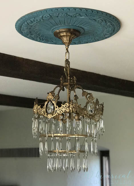 One of my favorite yard sales finds was this $20 vintage crystal chandelier and ceiling medallion! 